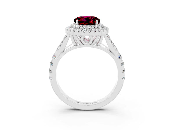 Silver Round Cut Garnet Double Halo Ring with Split Shank and Prong Setting