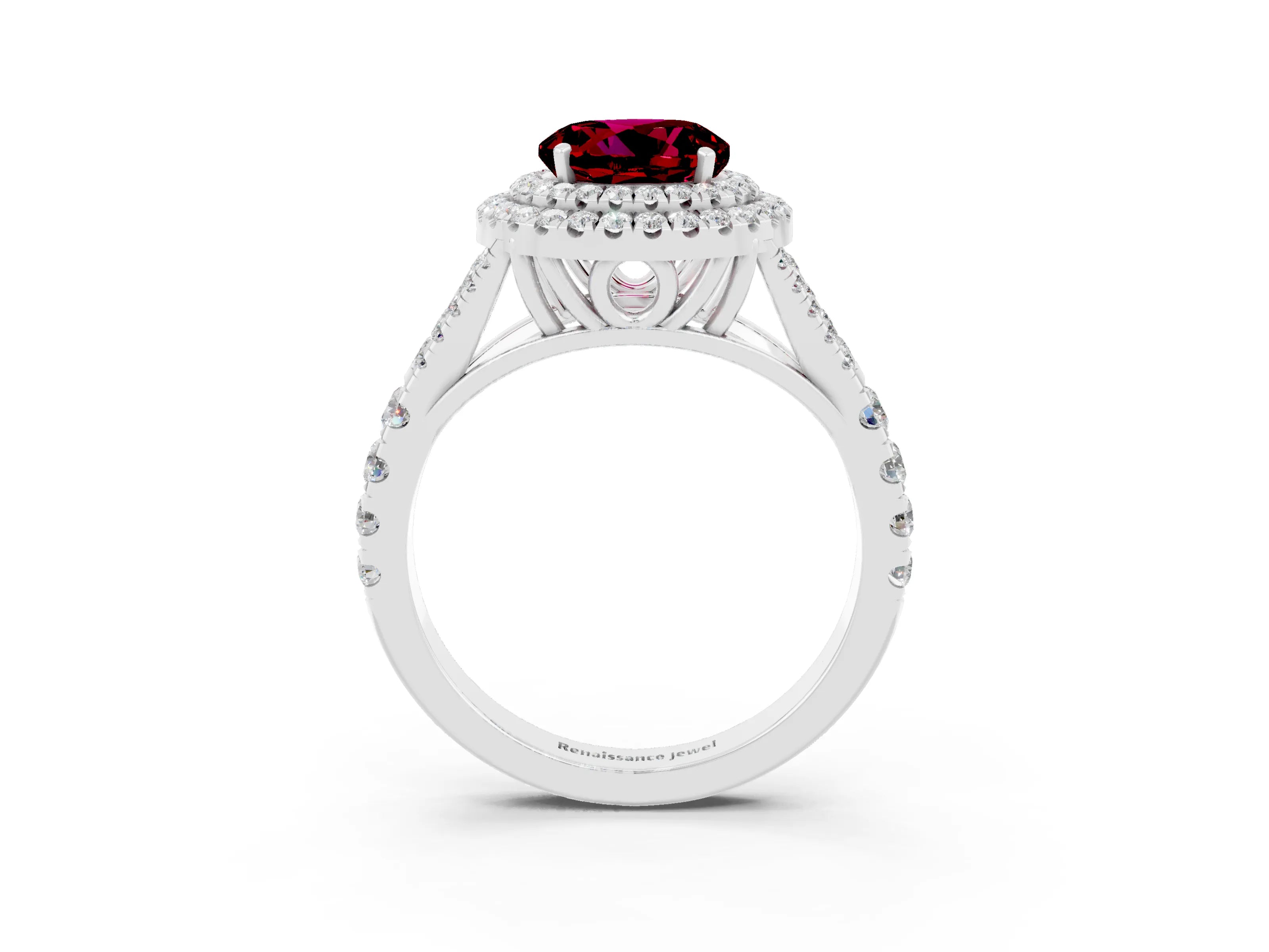 White gold Round Cut Garnet Double Halo Ring with Split Shank and Prong Setting_24