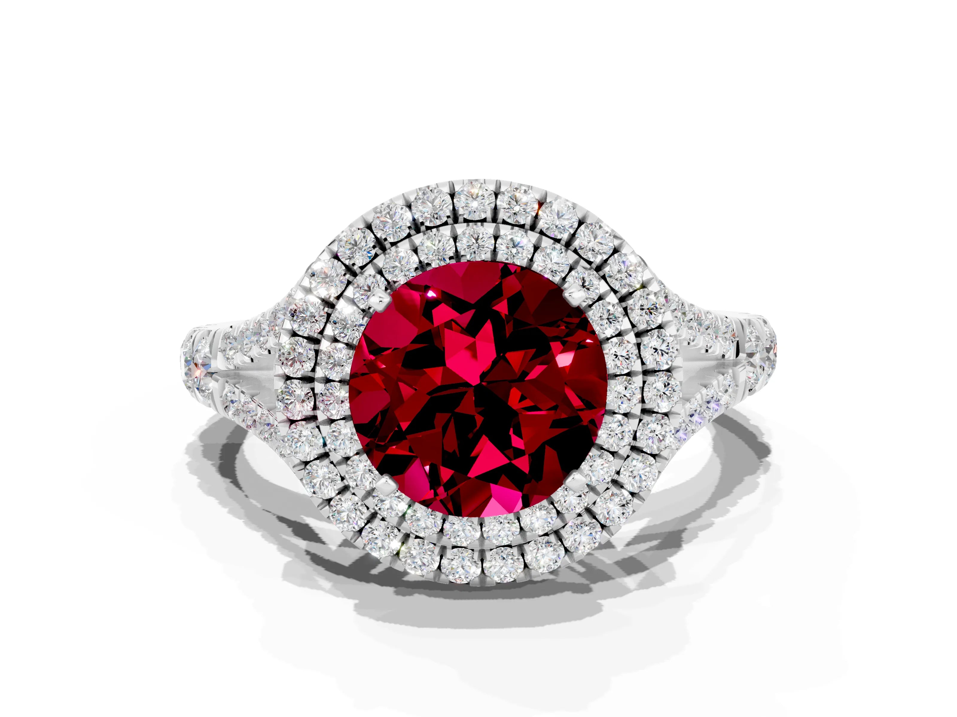 White gold Round Cut Garnet Double Halo Ring with Split Shank and Prong Setting_33