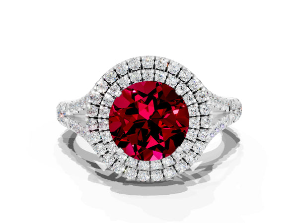 Platinum Round Cut Garnet Double Halo Ring with Split Shank and Prong Setting