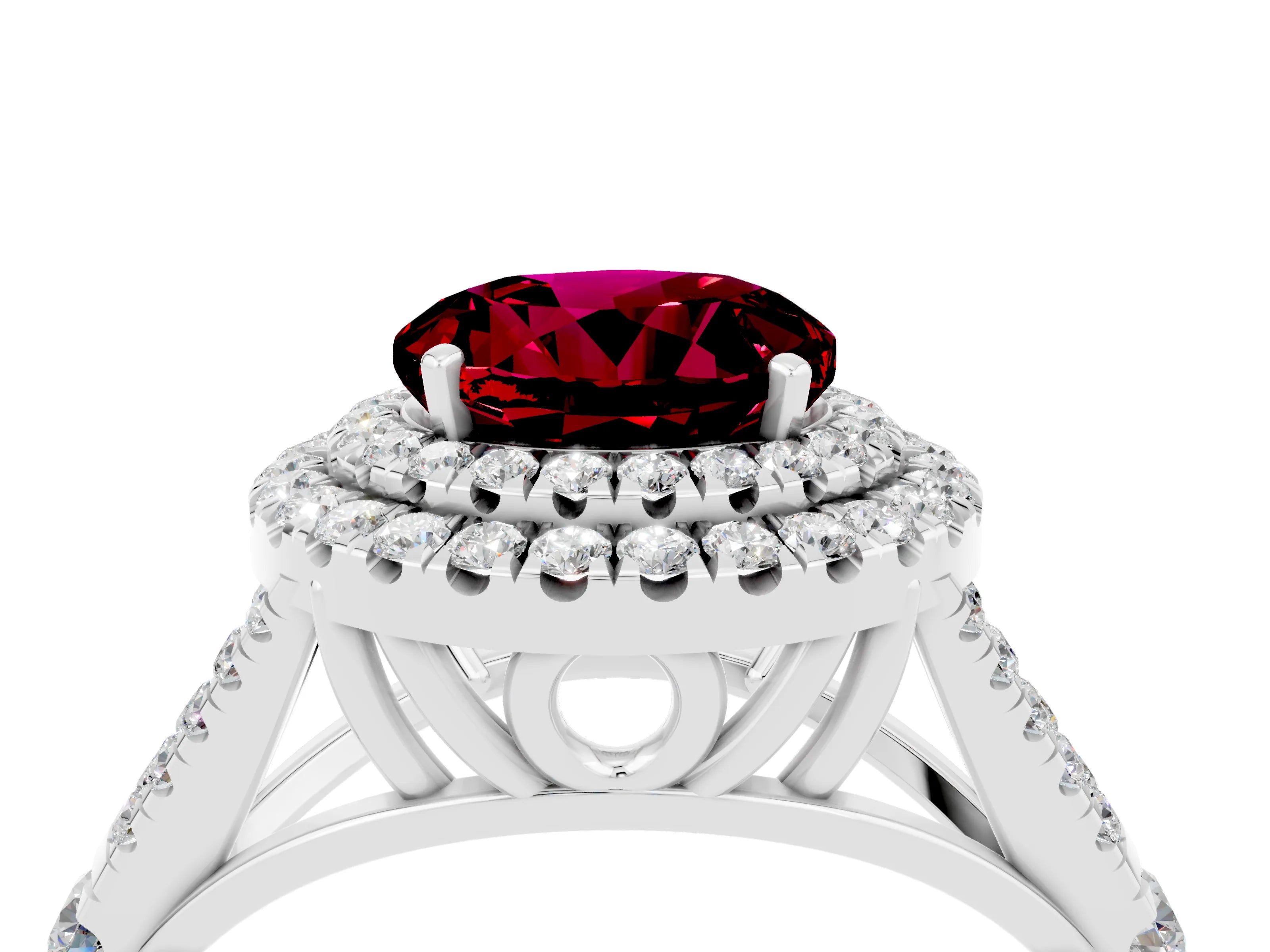 White gold Round Cut Garnet Double Halo Ring with Split Shank and Prong Setting_34