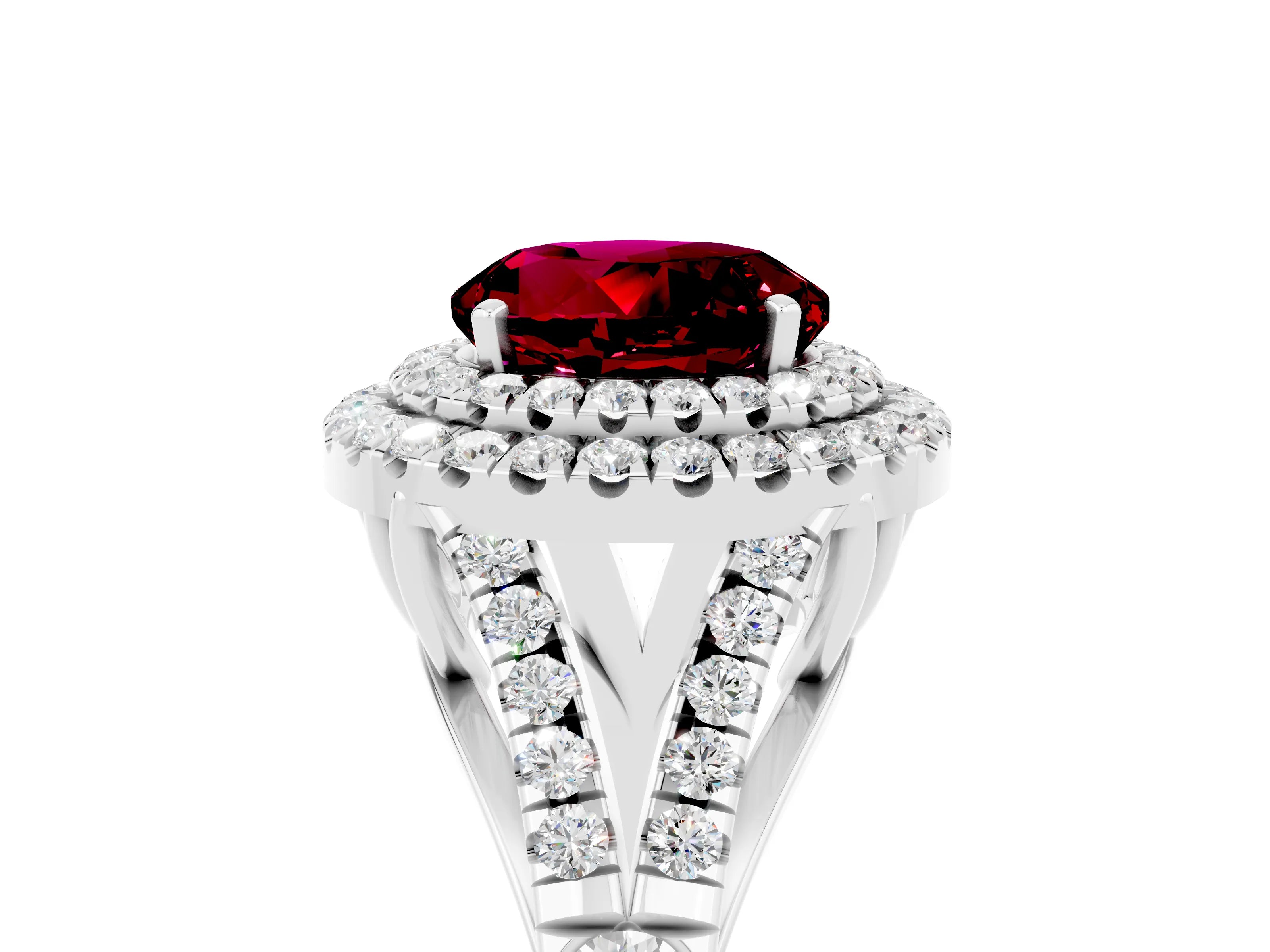 White gold Round Cut Garnet Double Halo Ring with Split Shank and Prong Setting_35