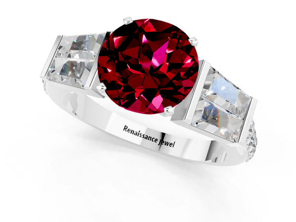 Silver Round Cut Garnet Engagement Ring with Baguette Side Stones and Channel Set Band