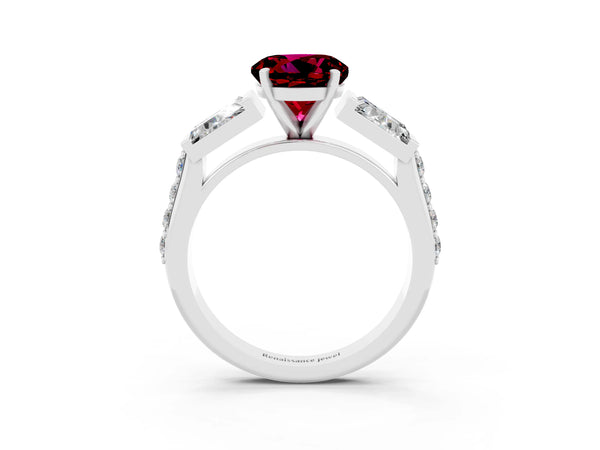 Silver Round Cut Garnet Engagement Ring with Baguette Side Stones and Channel Set Band