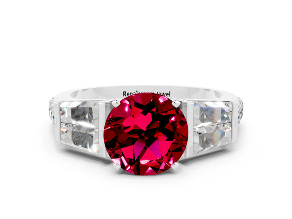 Silver Round Cut Garnet Engagement Ring with Baguette Side Stones and Channel Set Band