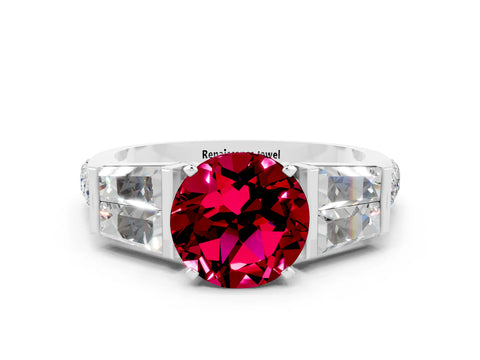 White gold Round Cut Garnet Engagement Ring with Baguette Side Stones and Channel Set Band