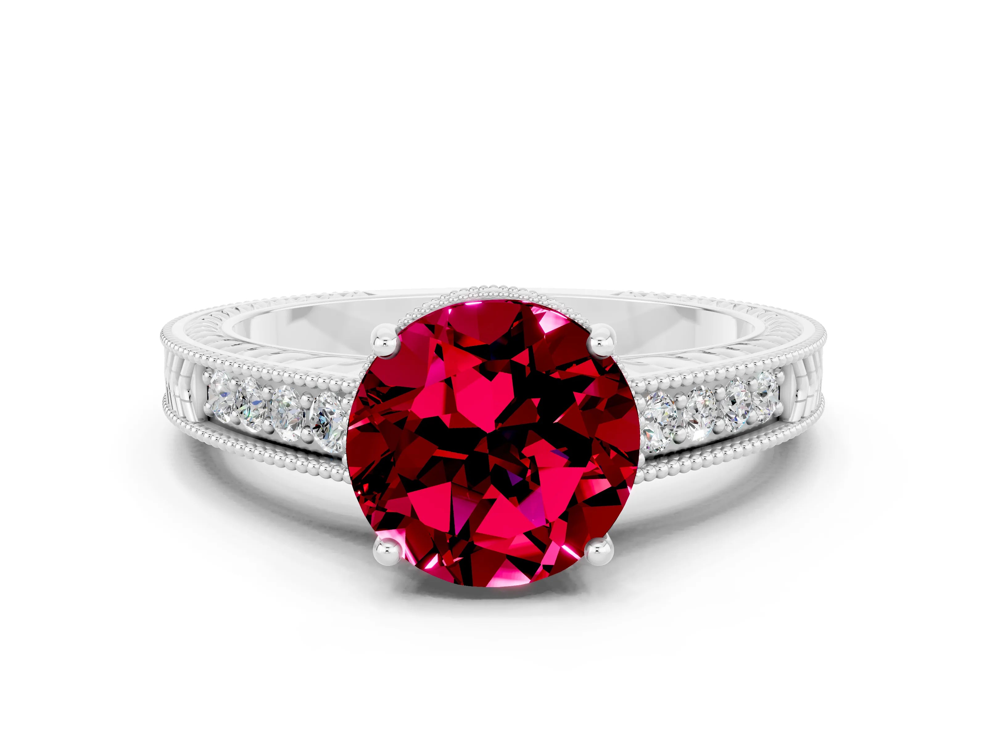 White gold Round Cut Garnet Engagement Ring with Milgrain Channel Set Band and Prong Setting