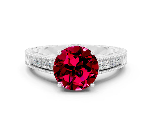 Silver Round Cut Garnet Engagement Ring with Milgrain Channel Set Band and Prong Setting