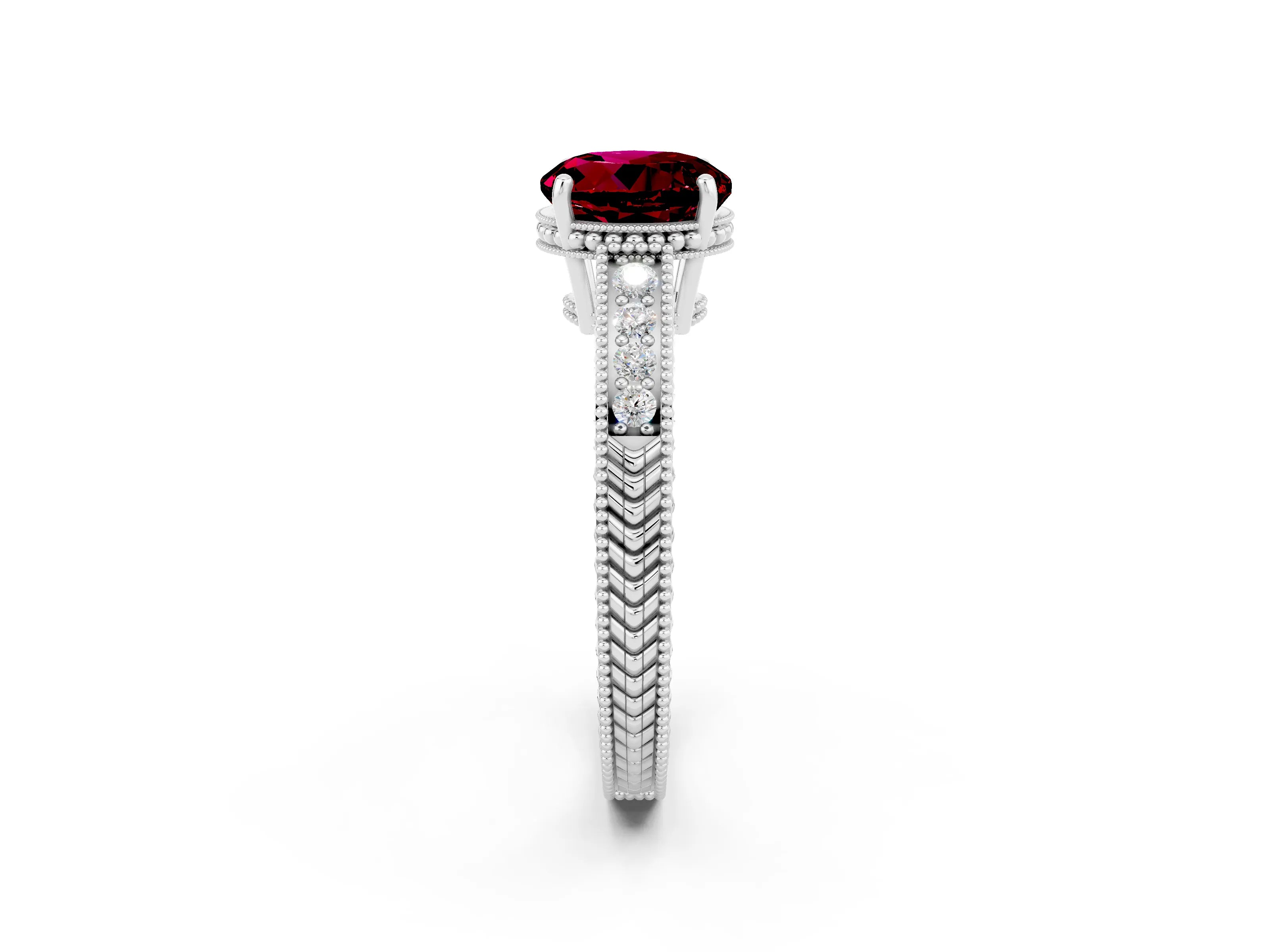 White gold Round Cut Garnet Engagement Ring with Milgrain Channel Set Band and Prong Setting_2