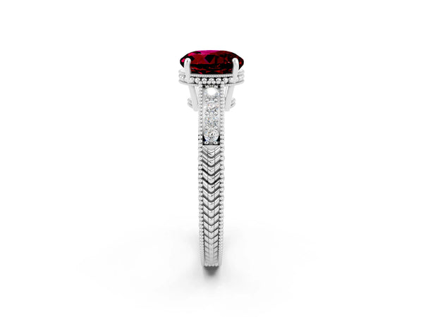 White gold Round Cut Garnet Engagement Ring with Milgrain Channel Set Band and Prong Setting