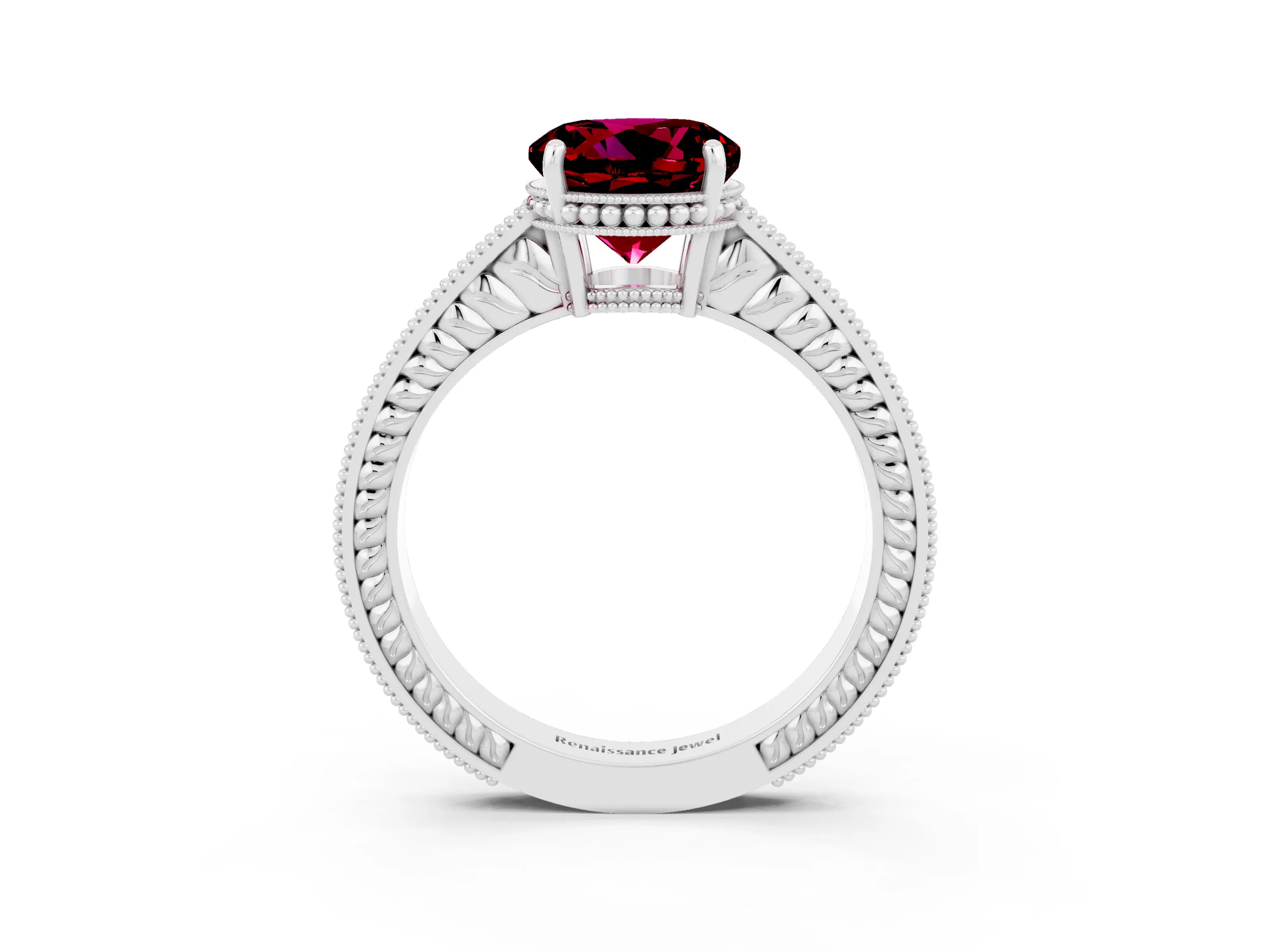 White gold Round Cut Garnet Engagement Ring with Milgrain Channel Set Band and Prong Setting_3