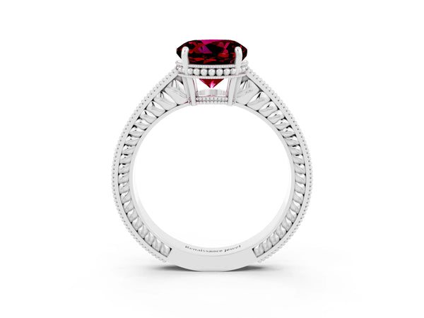 Platinum Round Cut Garnet Engagement Ring with Milgrain Channel Set Band and Prong Setting