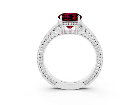 White gold Round Cut Garnet Engagement Ring with Milgrain Channel Set Band and Prong Setting_3
