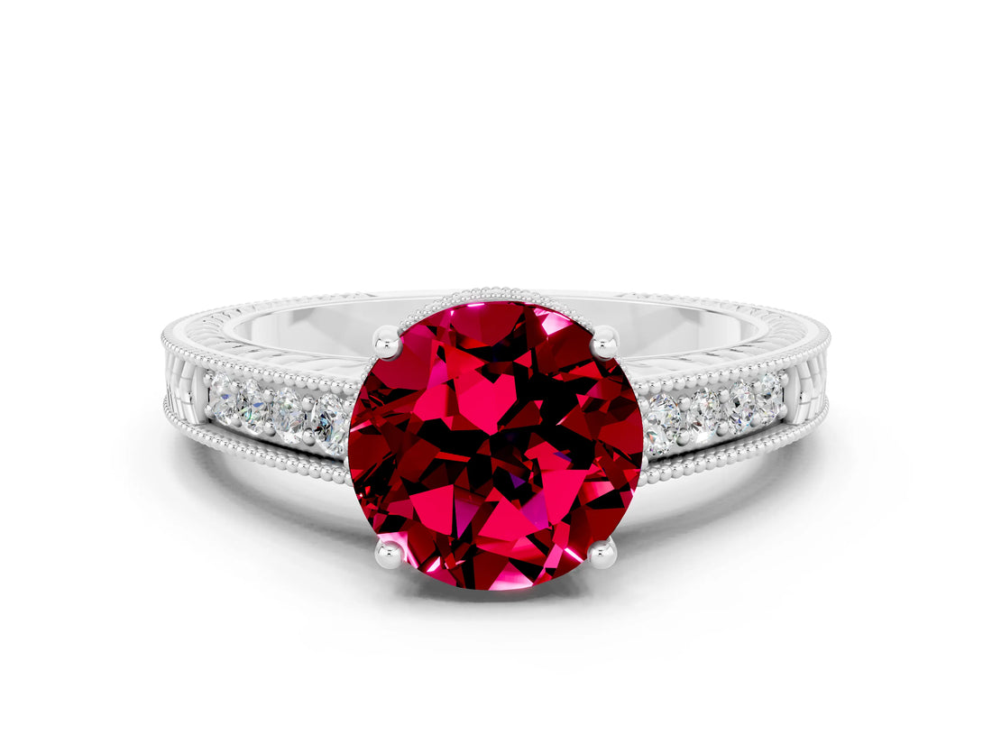 White gold Round Cut Garnet Engagement Ring with Milgrain Channel Set Band and Prong Setting