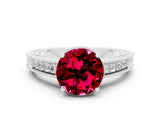 White gold Round Cut Garnet Engagement Ring with Milgrain Channel Set Band and Prong Setting