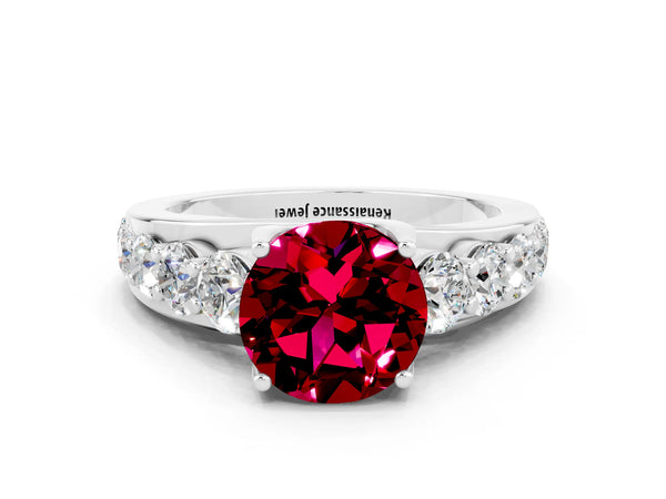 Silver Round Cut Garnet Engagement Ring with Pavé Band and Four-Prong Setting