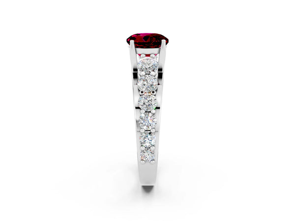 White gold Round Cut Garnet Engagement Ring with Pavé Band and Four-Prong Setting