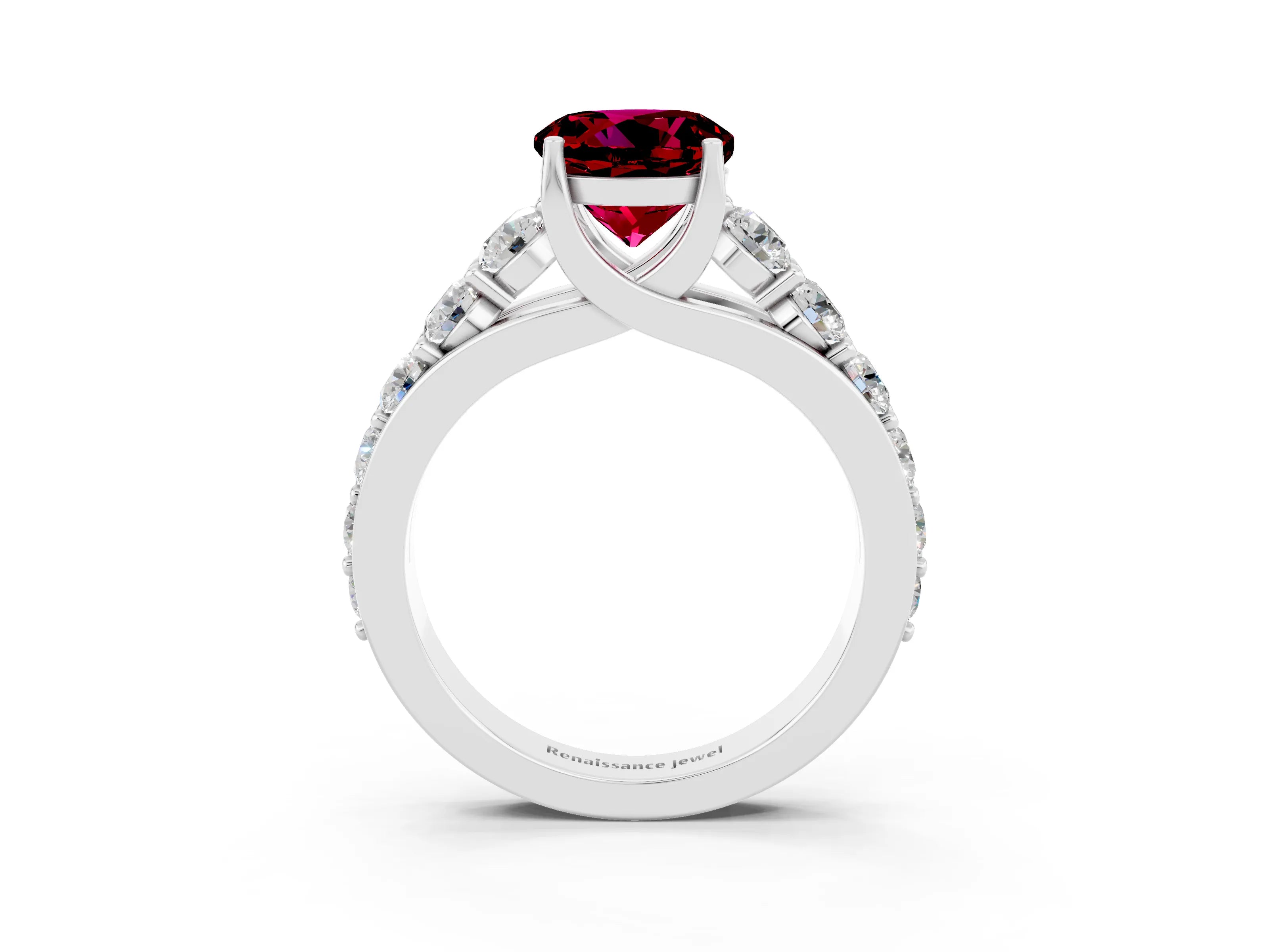 White gold Round Cut Garnet Engagement Ring with Pavé Band and Four-Prong Setting_3