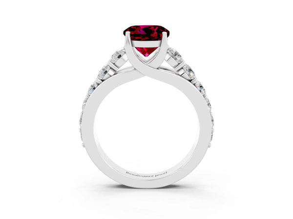 White gold Round Cut Garnet Engagement Ring with Pavé Band and Four-Prong Setting