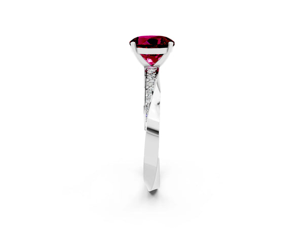White gold Round Cut Garnet Engagement Ring with Side Stone Accents and Four-Prong Setting