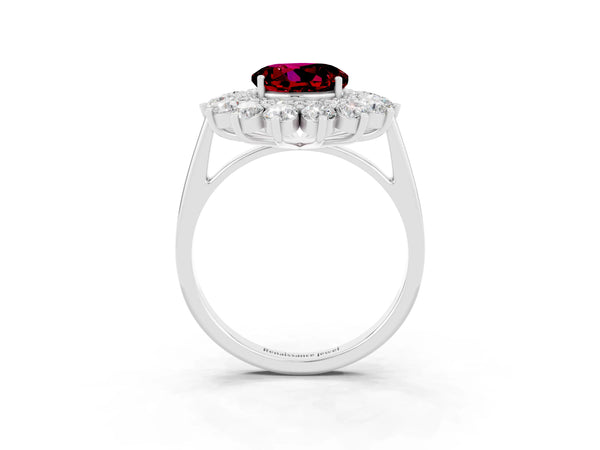 White gold Round Cut Garnet Floral Double Halo Engagement Ring with Prong Setting