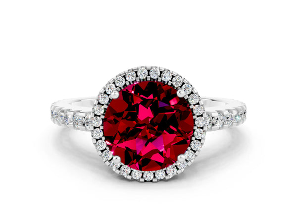 Platinum Round Cut Garnet Halo Engagement Ring with Pavé Band and Prong Setting