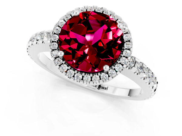 White gold Round Cut Garnet Halo Engagement Ring with Pavé Band and Prong Setting