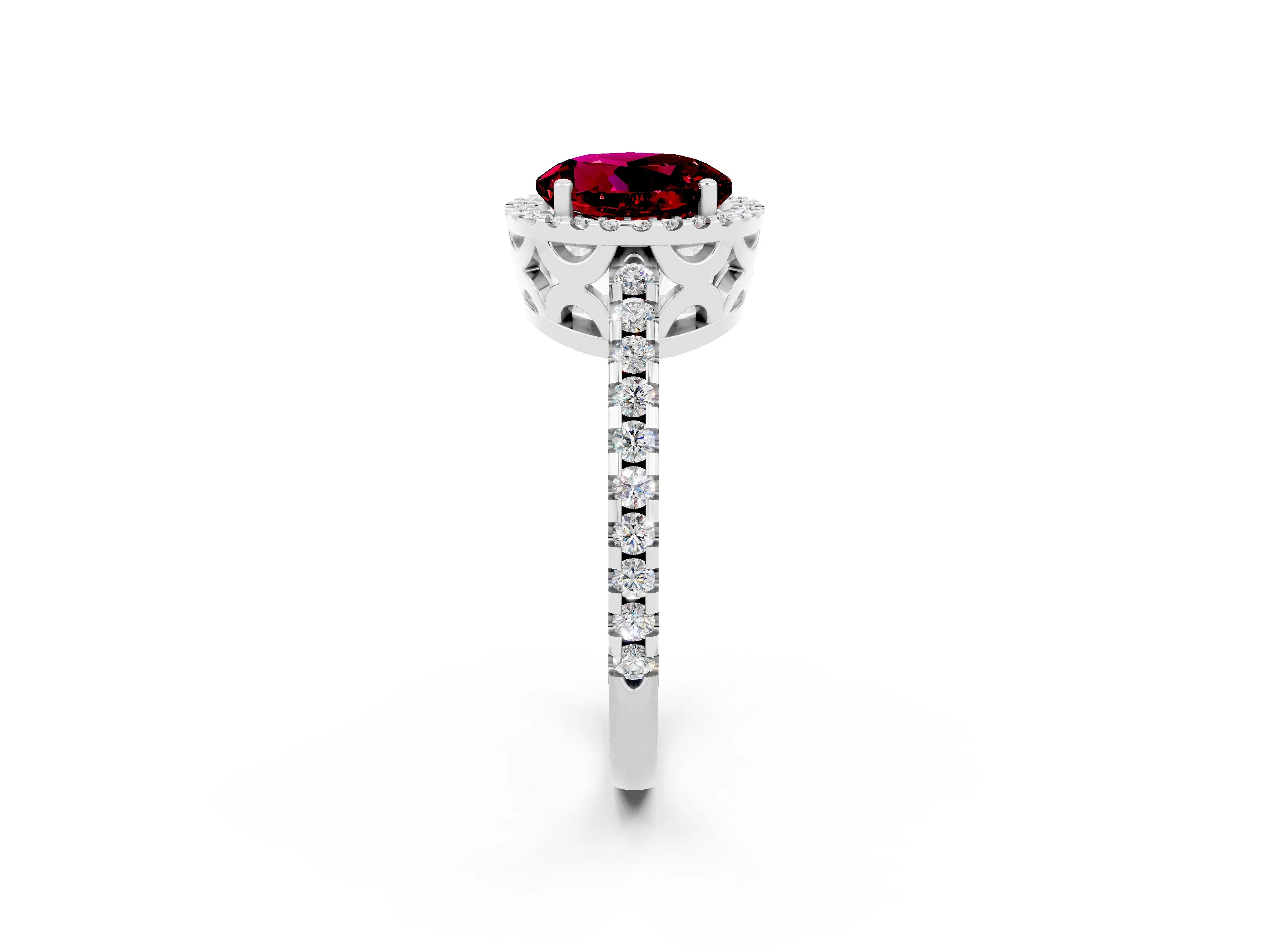 White gold Round Cut Garnet Halo Engagement Ring with Pavé Band and Prong Setting_14