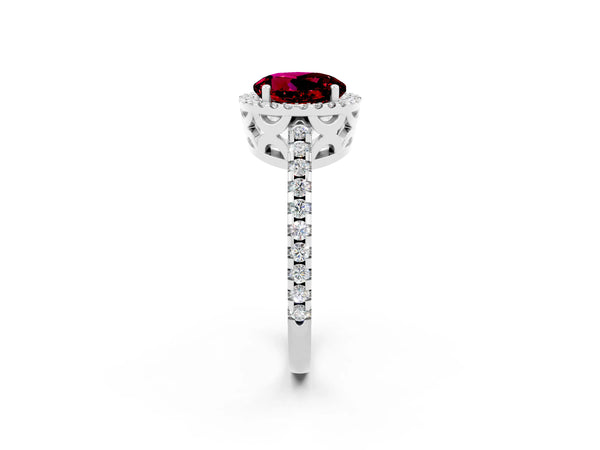 Platinum Round Cut Garnet Halo Engagement Ring with Pavé Band and Prong Setting