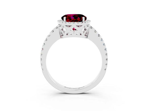 White gold Round Cut Garnet Halo Engagement Ring with Pavé Band and Prong Setting