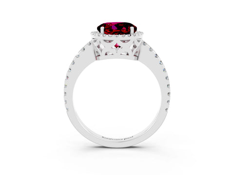 White gold Round Cut Garnet Halo Engagement Ring with Pavé Band and Prong Setting_15