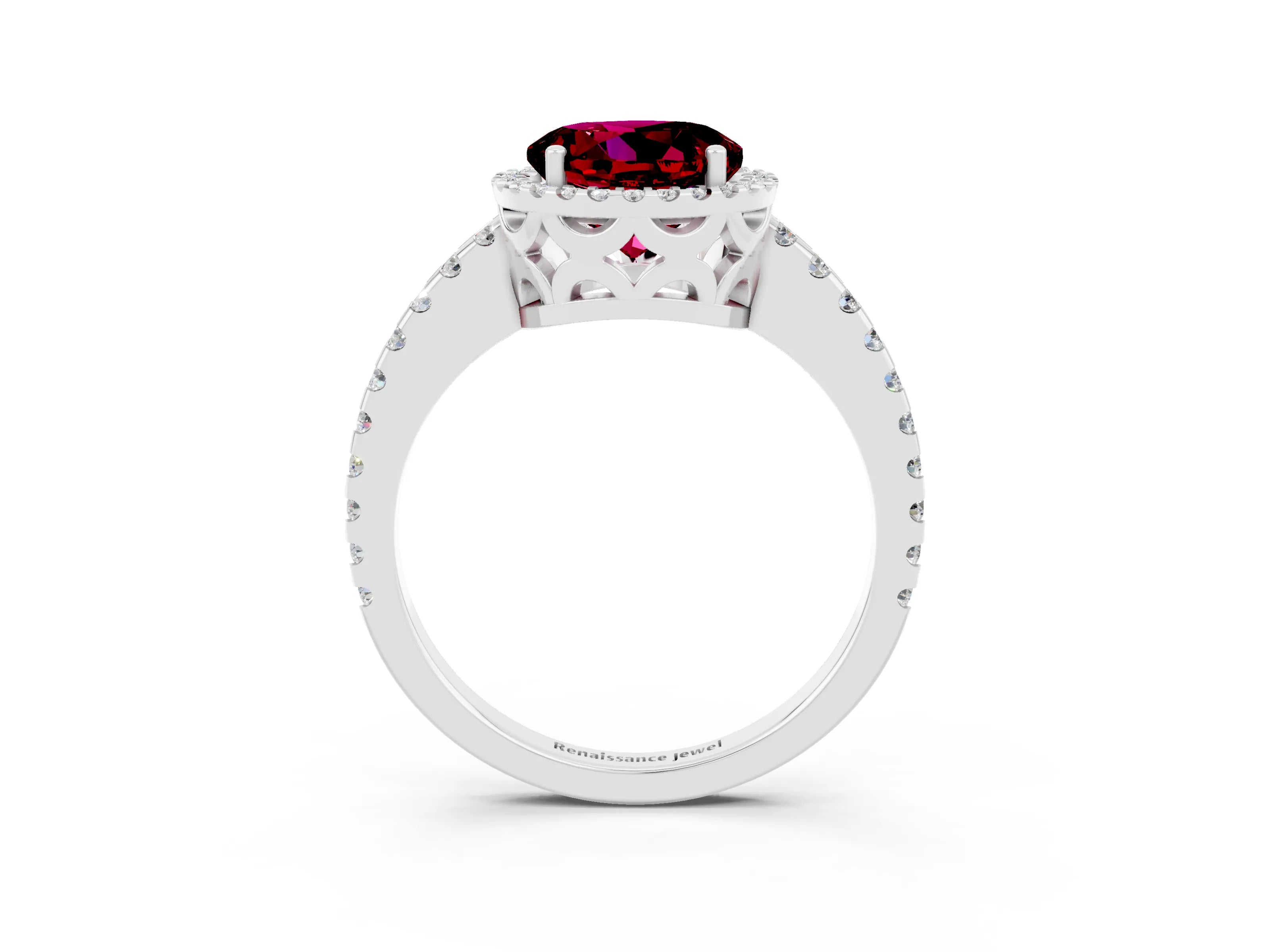 White gold Round Cut Garnet Halo Engagement Ring with Pavé Band and Prong Setting_15