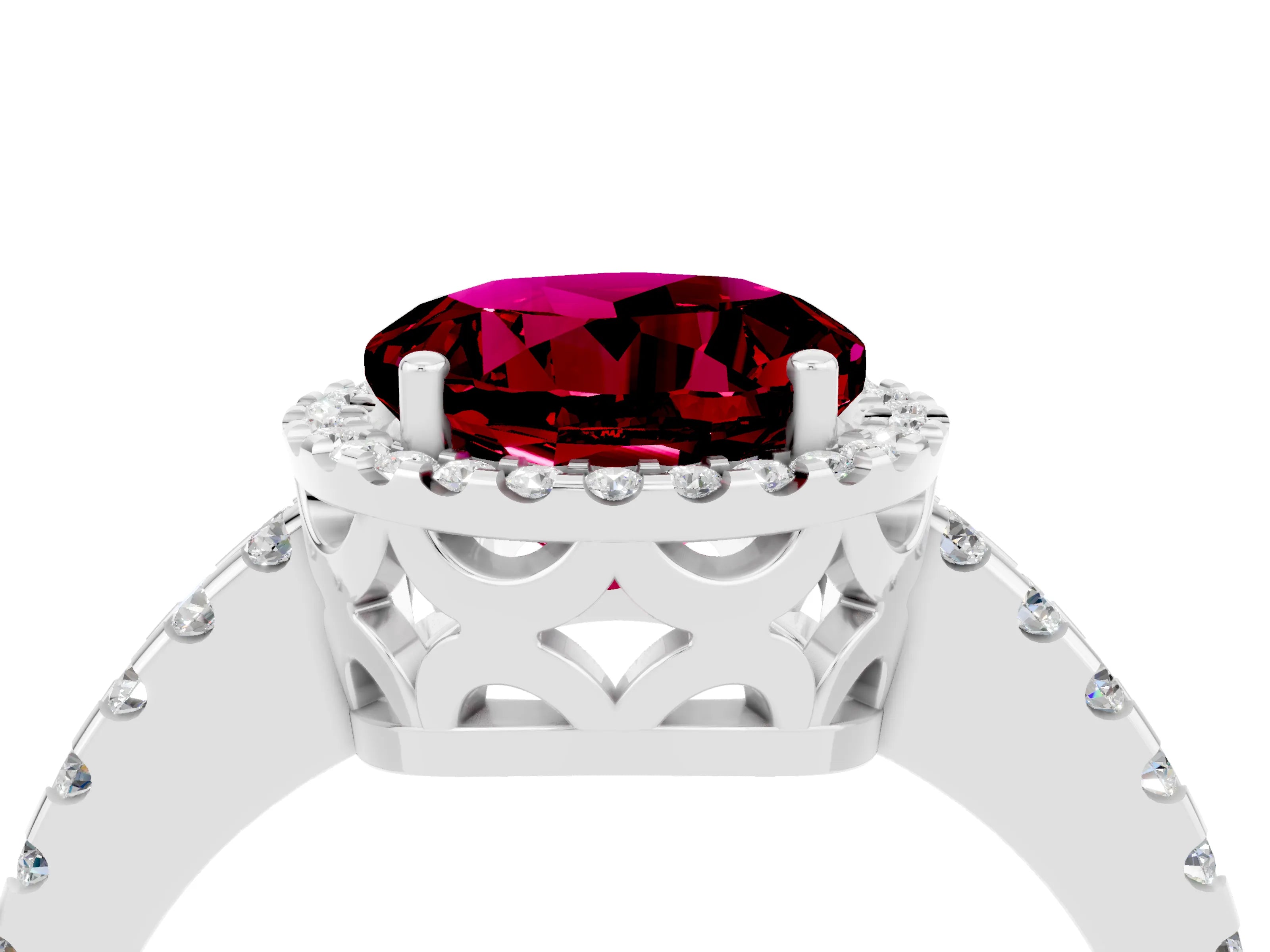White gold Round Cut Garnet Halo Engagement Ring with Pavé Band and Prong Setting_16