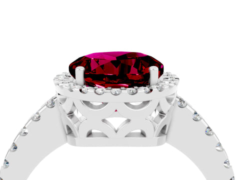 White gold Round Cut Garnet Halo Engagement Ring with Pavé Band and Prong Setting_16