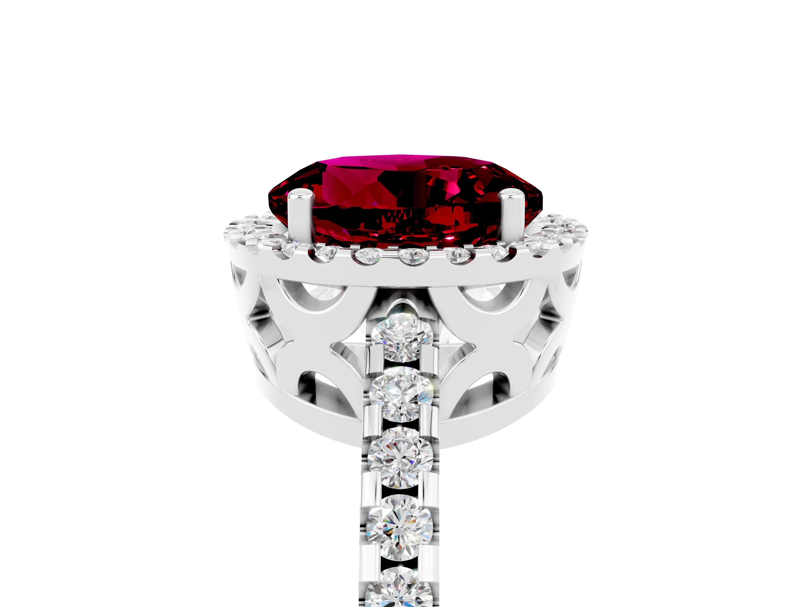White gold Round Cut Garnet Halo Engagement Ring with Pavé Band and Prong Setting_17