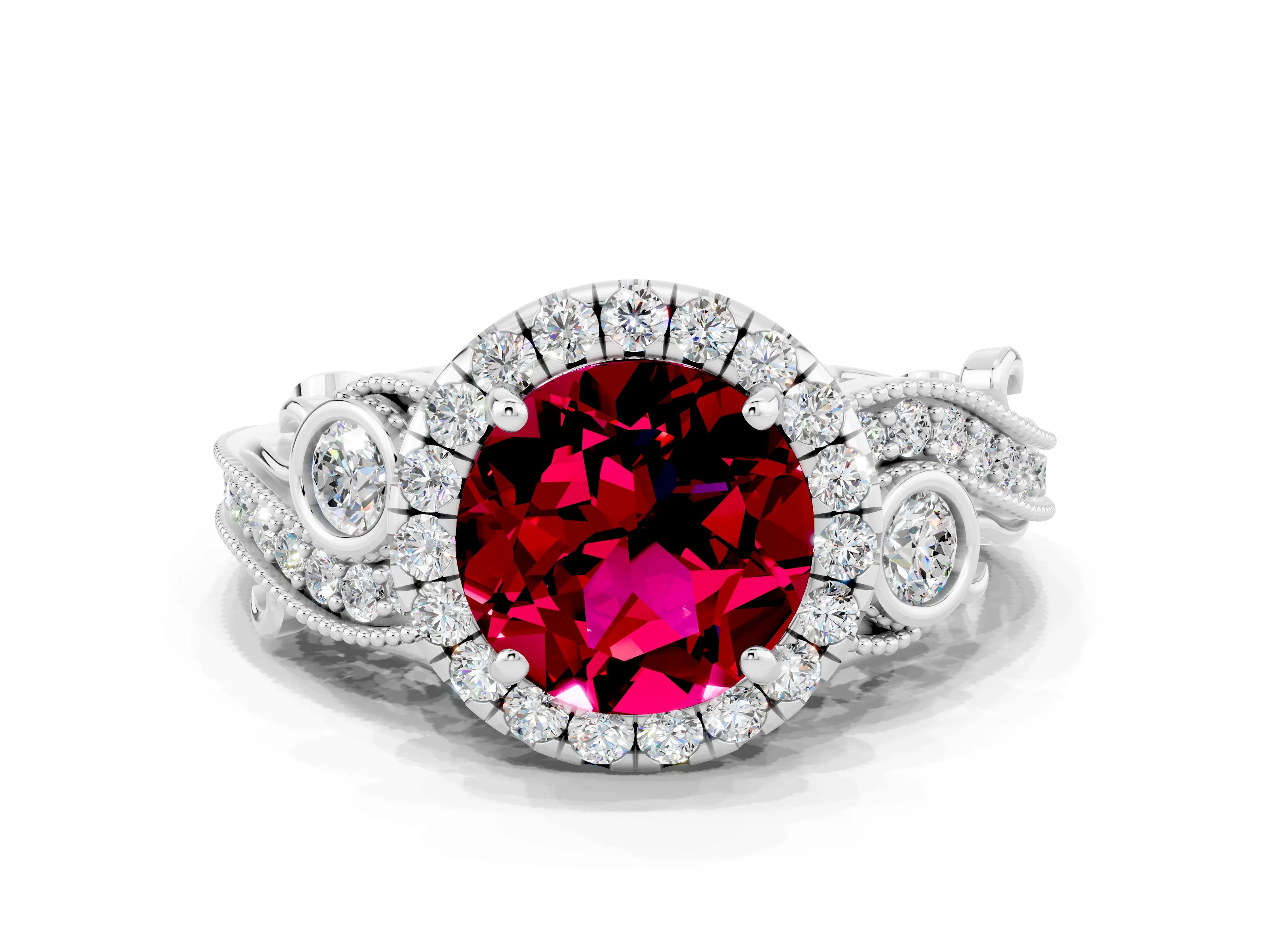 White gold Round Cut Garnet Halo Ring with Milgrain Pavé Band and Four-Prong Setting_12
