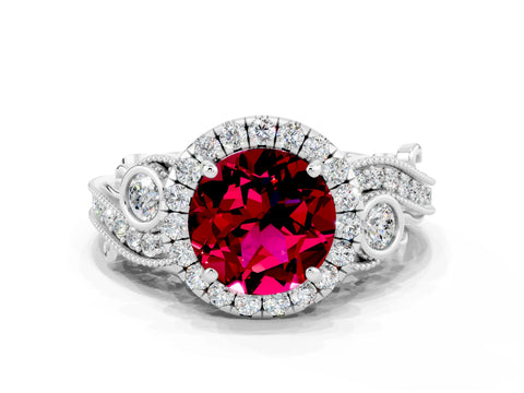 White gold Round Cut Garnet Halo Ring with Milgrain Pavé Band and Four-Prong Setting_12