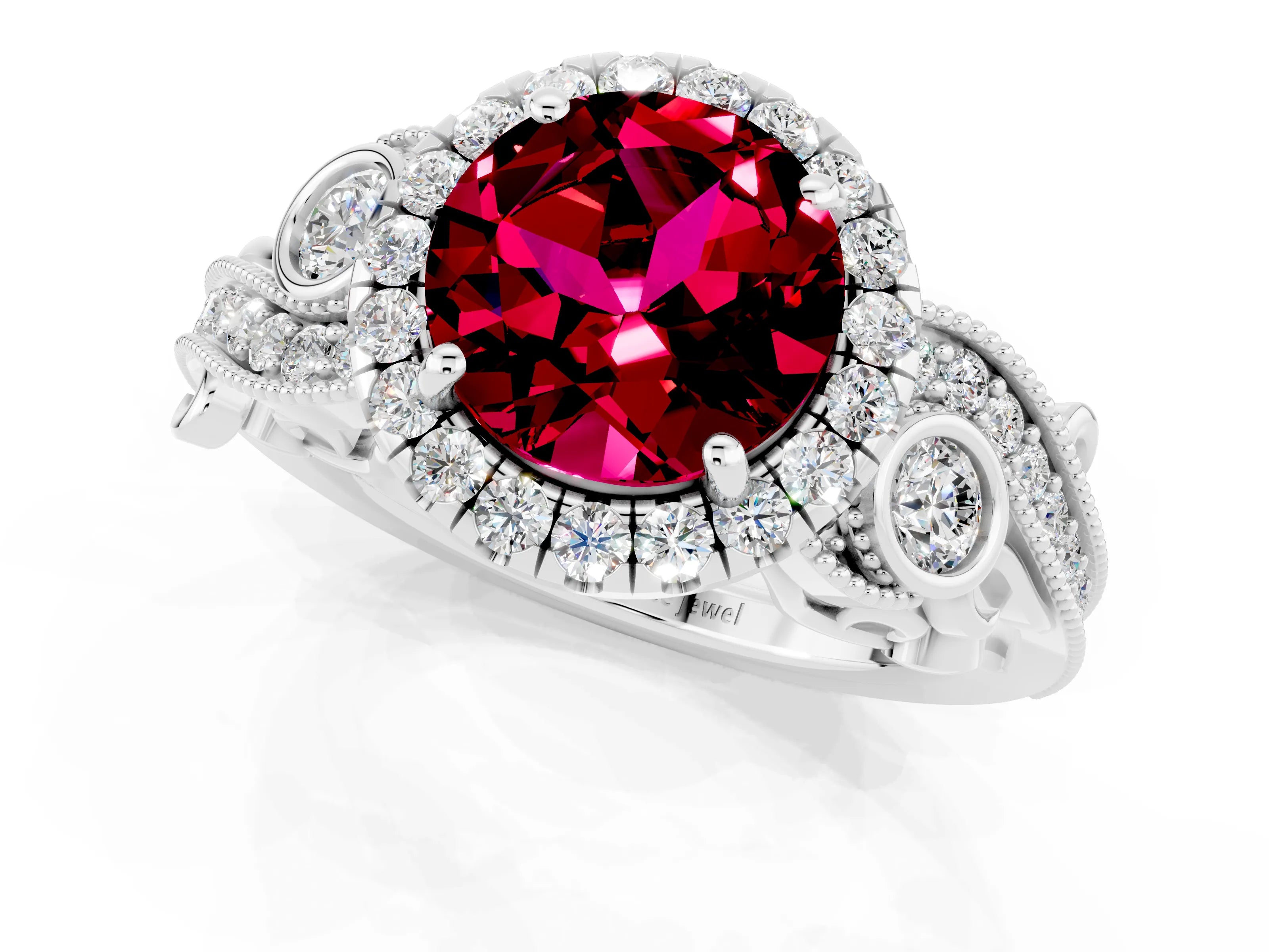 White gold Round Cut Garnet Halo Ring with Milgrain Pavé Band and Four-Prong Setting_13