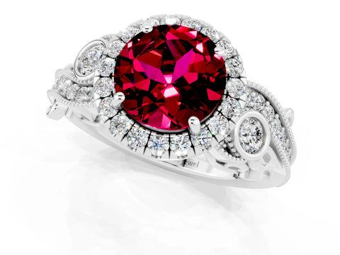 White gold Round Cut Garnet Halo Ring with Milgrain Pavé Band and Four-Prong Setting_13