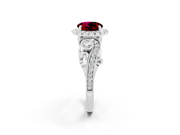 White gold Round Cut Garnet Halo Ring with Milgrain Pavé Band and Four-Prong Setting