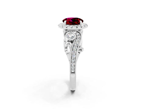 White gold Round Cut Garnet Halo Ring with Milgrain Pavé Band and Four-Prong Setting_14
