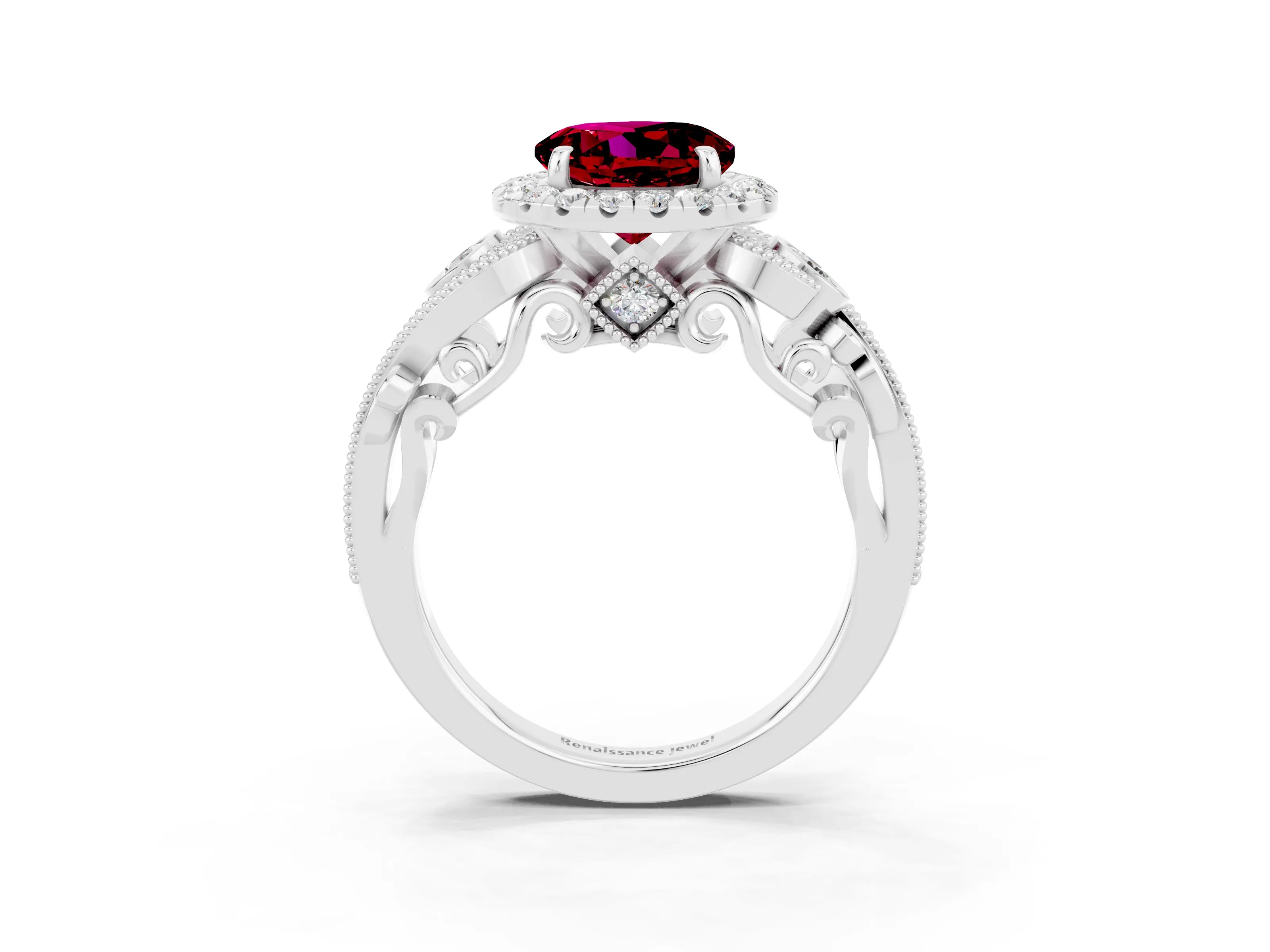 White gold Round Cut Garnet Halo Ring with Milgrain Pavé Band and Four-Prong Setting_15