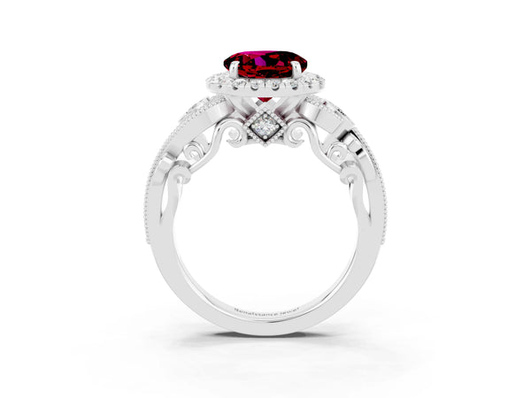 Silver Round Cut Garnet Halo Ring with Milgrain Pavé Band and Four-Prong Setting