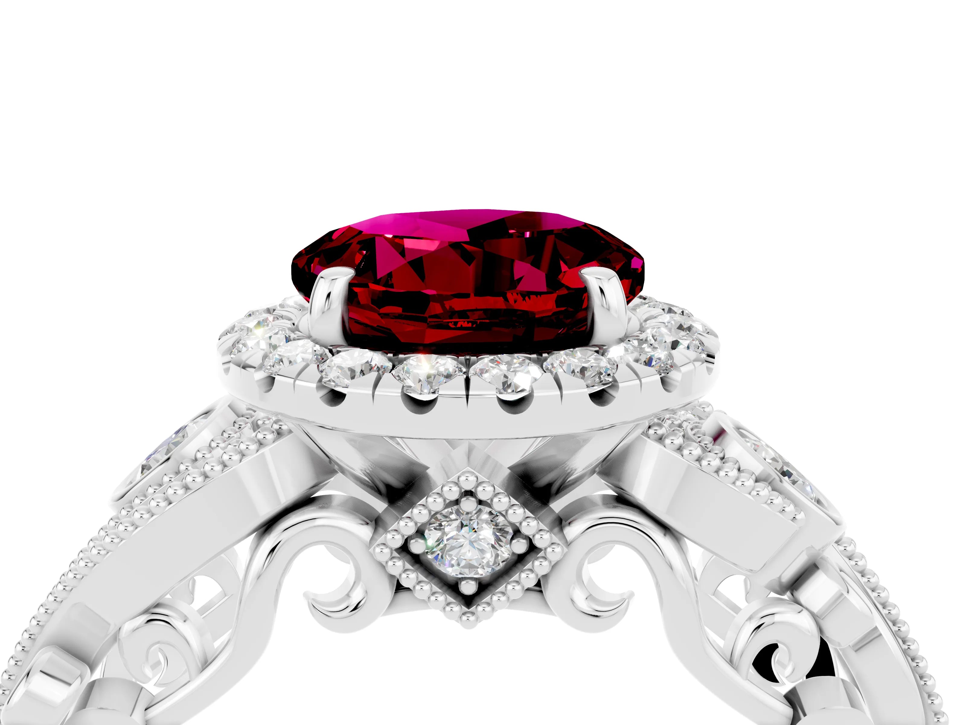 White gold Round Cut Garnet Halo Ring with Milgrain Pavé Band and Four-Prong Setting_16