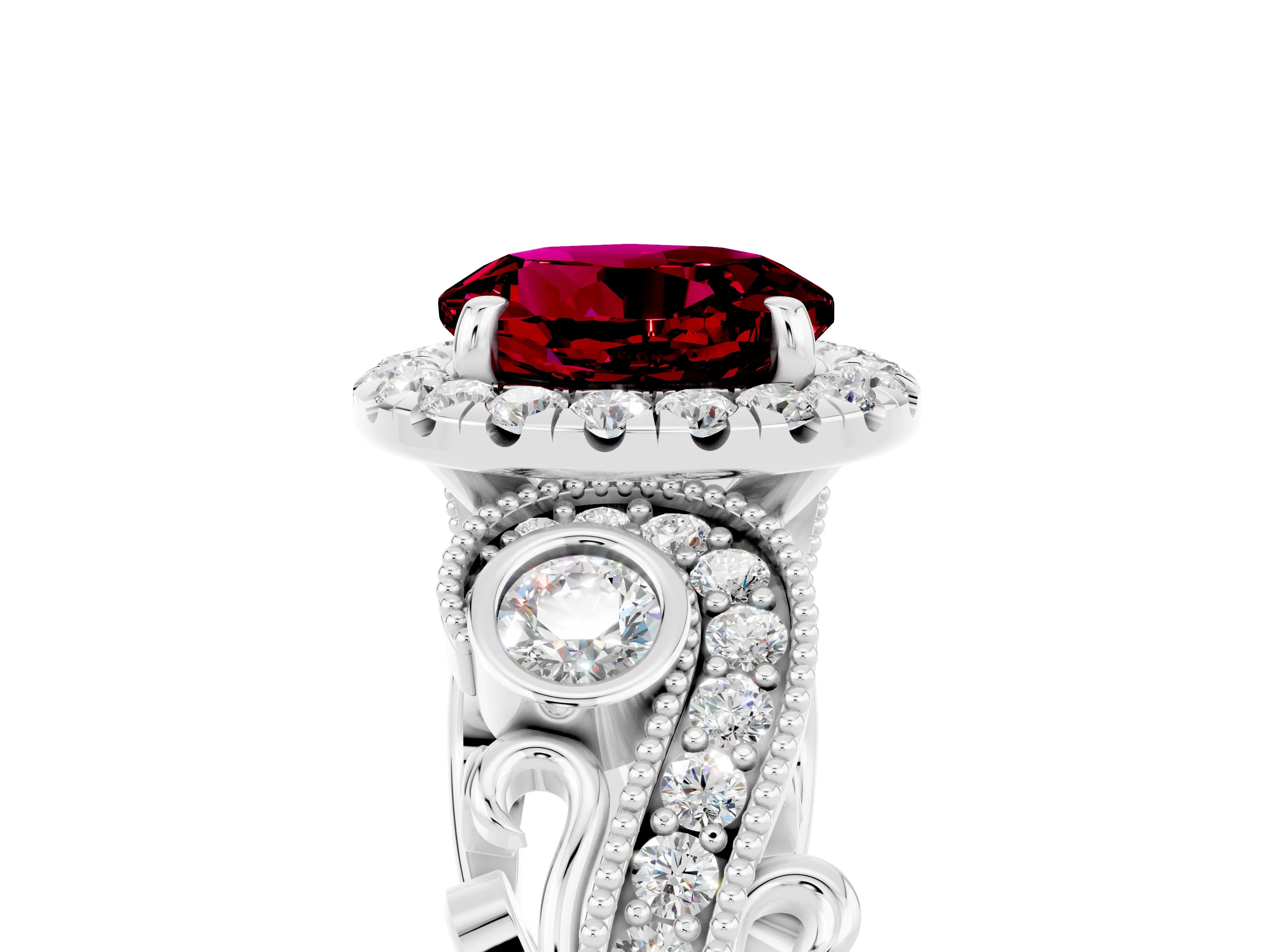 White gold Round Cut Garnet Halo Ring with Milgrain Pavé Band and Four-Prong Setting_17