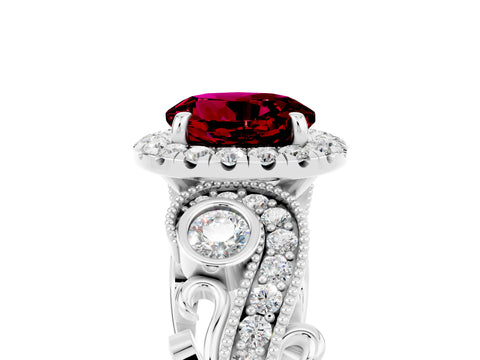 White gold Round Cut Garnet Halo Ring with Milgrain Pavé Band and Four-Prong Setting_17