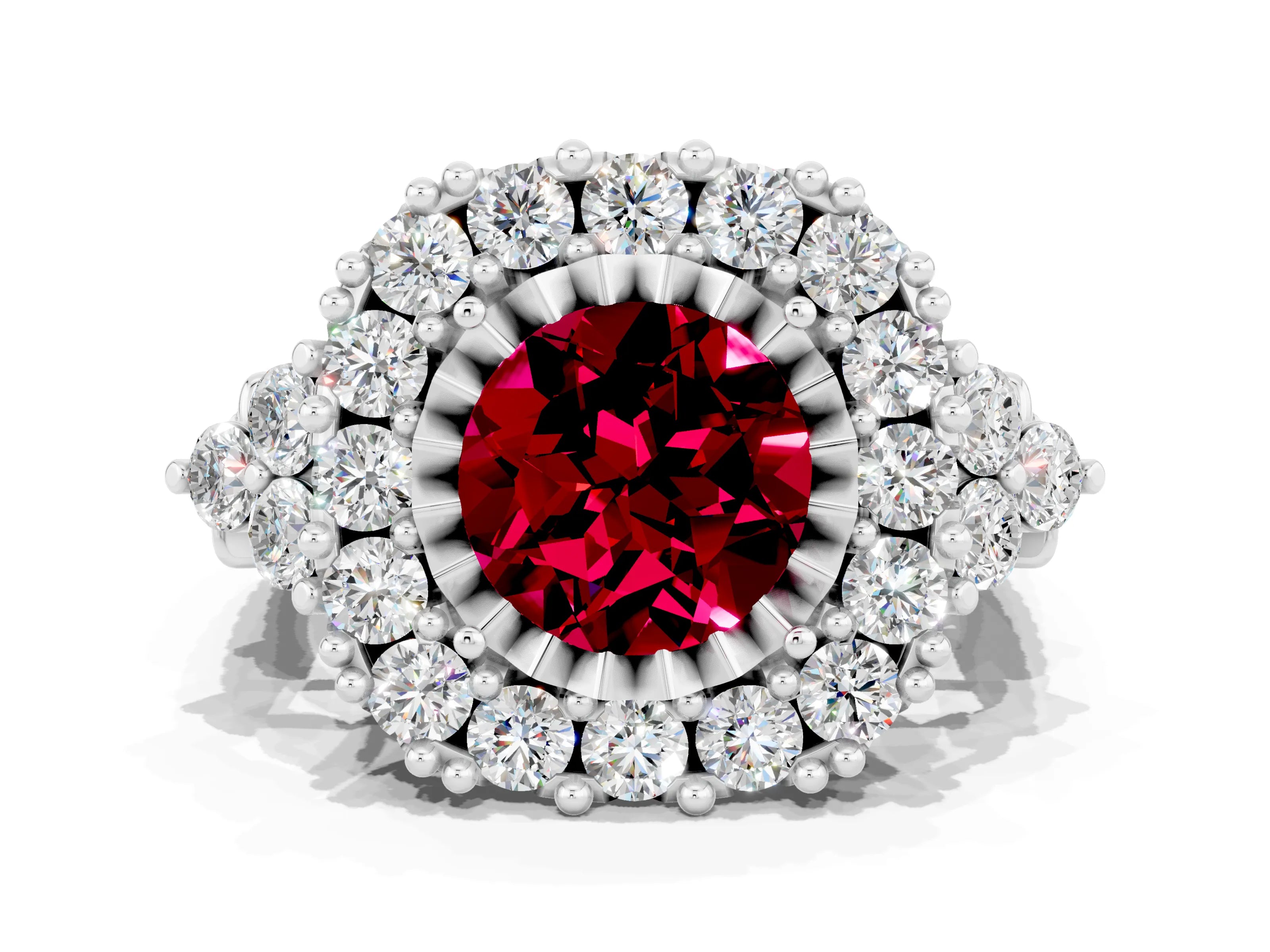 White gold Round Cut Garnet Halo Ring with Pavé Band and Four-Prong Setting_12