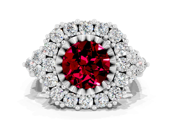 White gold Round Cut Garnet Halo Ring with Pavé Band and Four-Prong Setting