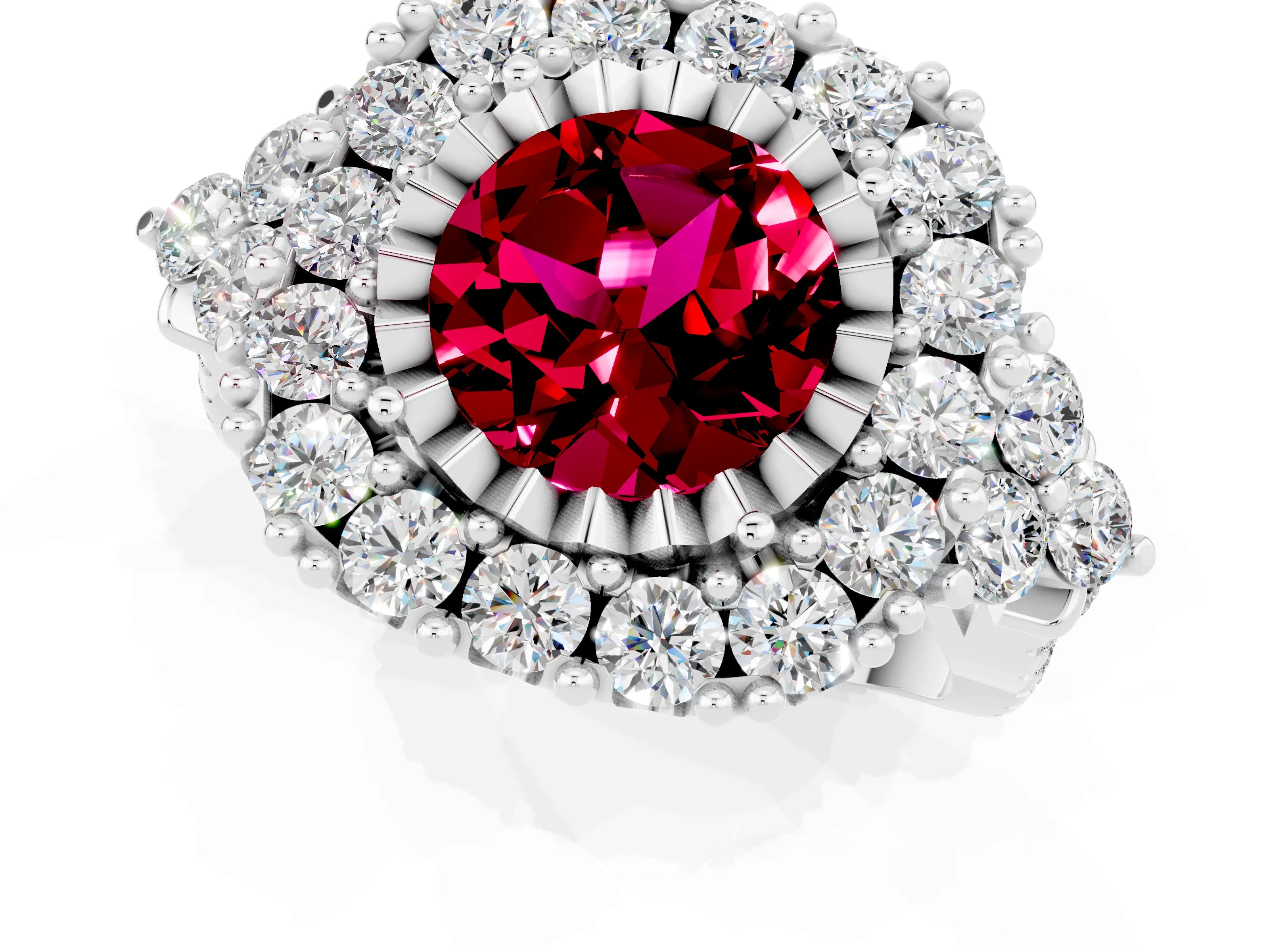 White gold Round Cut Garnet Halo Ring with Pavé Band and Four-Prong Setting_13