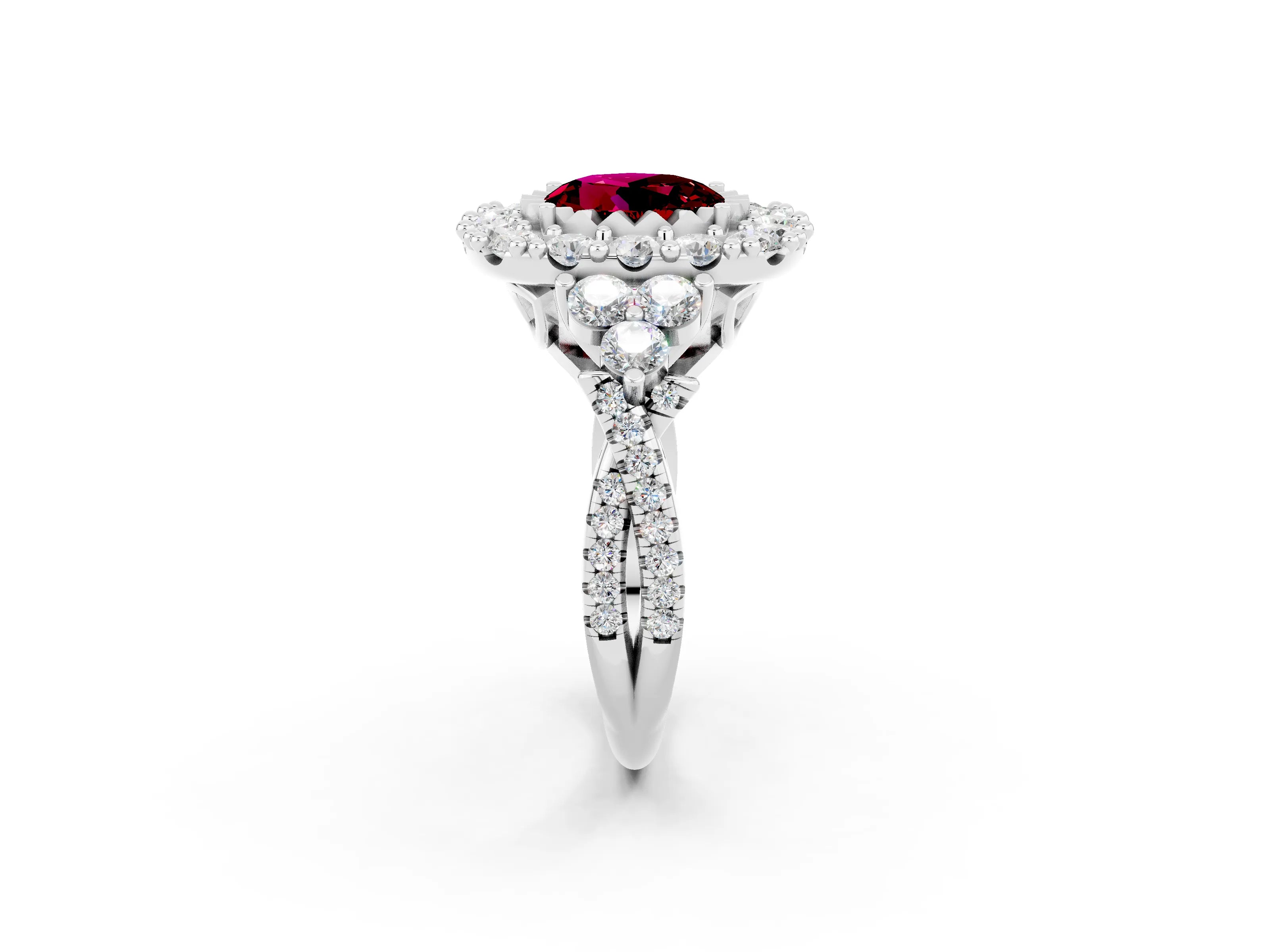 White gold Round Cut Garnet Halo Ring with Pavé Band and Four-Prong Setting_14